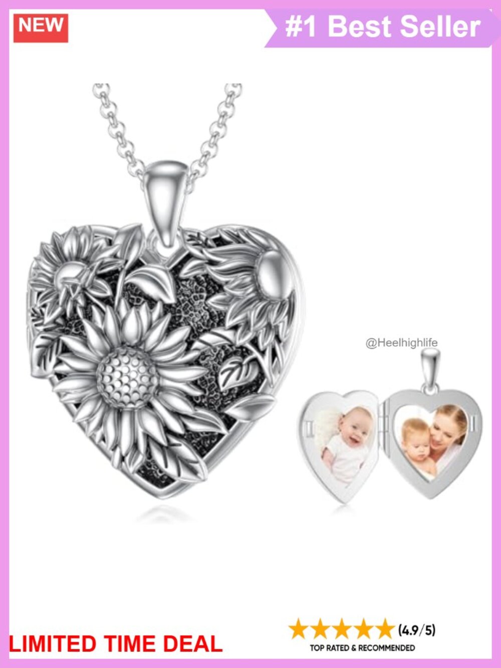 Sunflower Heart Locket Necklace 925 Sterling Silver Holds 2 Pictures 18in Chain